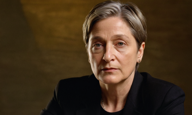 Retrato de filósofo Judith Butler en medio de un horizonte sutil con ideas y textos filosóficos.