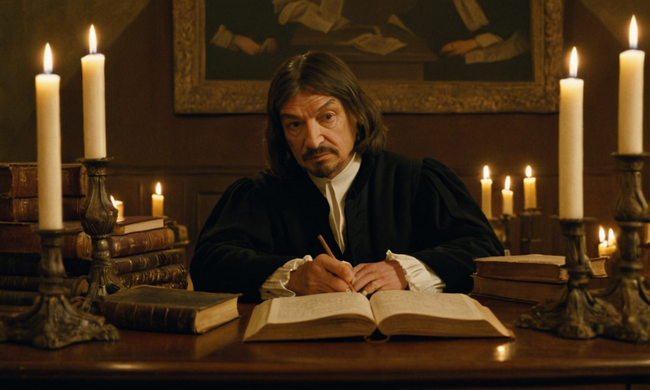 Un retrato de René Descartes sentado en un escritorio con libros y velas, rodeado de citas y símbolos filosóficos.