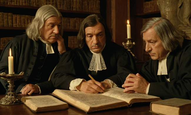 Filosofos como Descartes, Kant y Hegel contemplando con textos antiguos y pergaminos rodeados de símbolos de conocimiento.