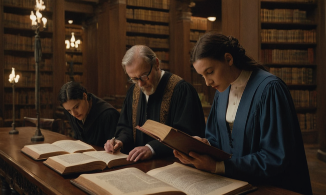Scholars examinando textos antiguos dentro de un entorno de biblioteca moderno.