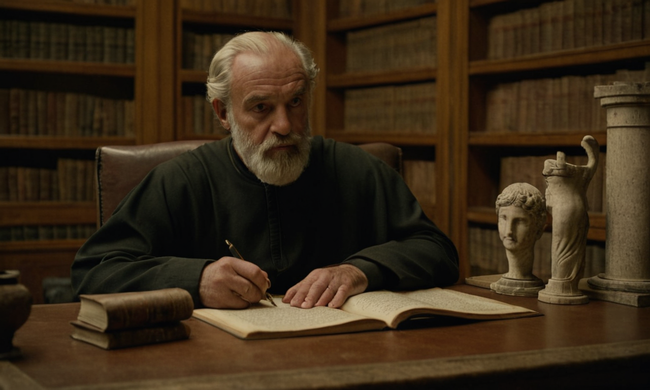 Philosopher sentado en un escritorio rodeado de antiguos pergaminos y libros griegos.