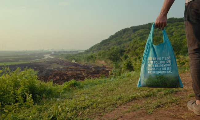 Una persona que sostiene una bolsa de reciclaje junto a un paisaje libre de contaminación, rodeada de citas inspiradoras sobre sostenibilidad.