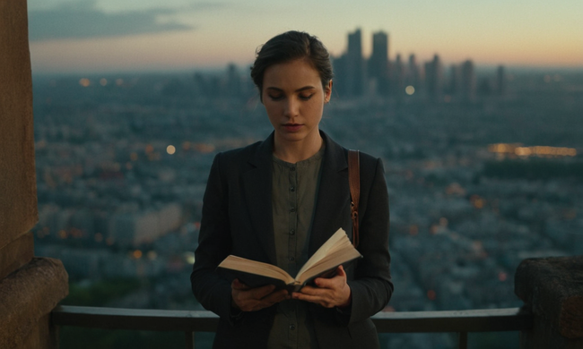 Una persona que miraba enigmática frente a un paisaje urbano mientras tenía un libro sobre ética.