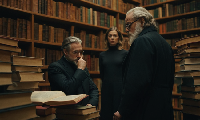 Filosofos rodeados de libros, contemplando dilemas éticos en un contexto minimalista.