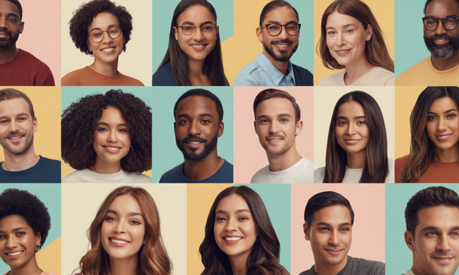 Ilustraciones que representan a individuos de diferentes orígenes, fusionadas en una comunidad diversa.