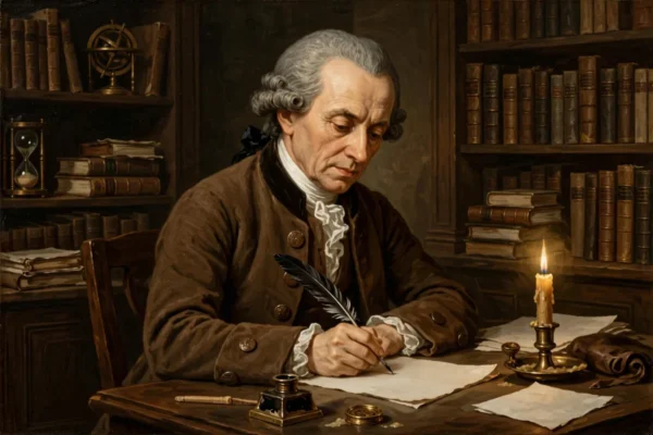 Immanuel Kant en su estudio del siglo XVIII con libros