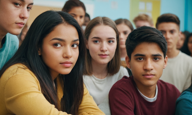 Una diversidad de estudiantes de diferentes culturas aprendiendo juntos en la escuela.