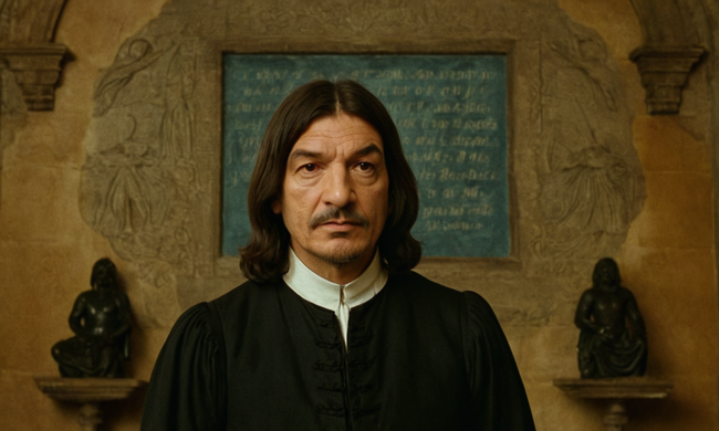 René Descartes de pie frente a un fondo histórico, con símbolos filosóficos y citas que lo rodean.