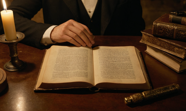 Una persona con un libro o manuscrito del famoso autor, rodeado de objetos antiguos y académicos.