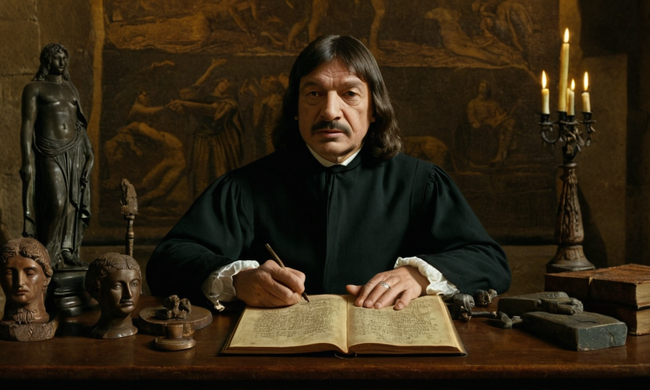 Retrato grabado de Descartes con símbolos filosóficos y artefactos antiguos en el fondo.