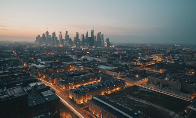 Un paisaje urbano con un toque sutil de dinámica industrial y social.