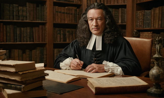 Philosopher Gottfried Wilhelm Leibniz sentado en su escritorio, rodeado de libros y papeles, con el concepto de filosofía monada escrito en el fondo.