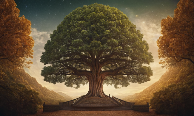 Ilustraciones de conceptos y ecuaciones filosóficas que rodean la icónica estructura tipo árbol de la Monadología Leibniz.