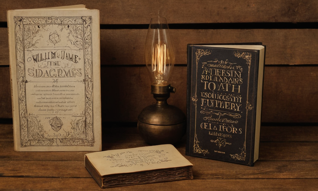 Una cita de William James junto a diagramas filosóficos y cubiertas de libros sobre un fondo rústico de madera.