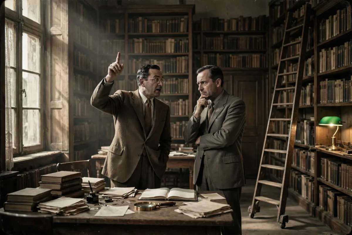 Dos académicos discutiendo entre libros de una librería antigua