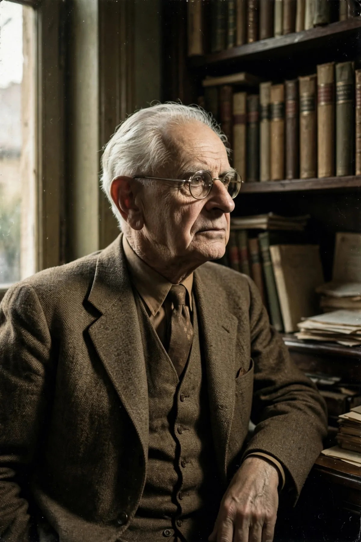 Retrato de Karl Popper anciano en su biblioteca, mirada escéptica