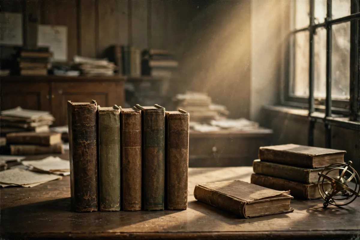 Símbolo visual de un libro derribado que deja pasar luz, avance del conocimiento