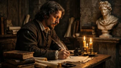 Erudito escribiendo a la luz de velas en biblioteca antigua