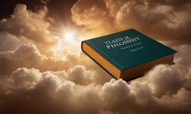 Libro de texto filosófico con conceptos sobre filosofía y nubes de pensamiento que la rodean.