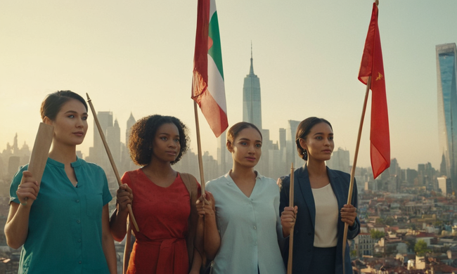Diversas personas con banderas o símbolos culturales frente a un paisaje urbano.