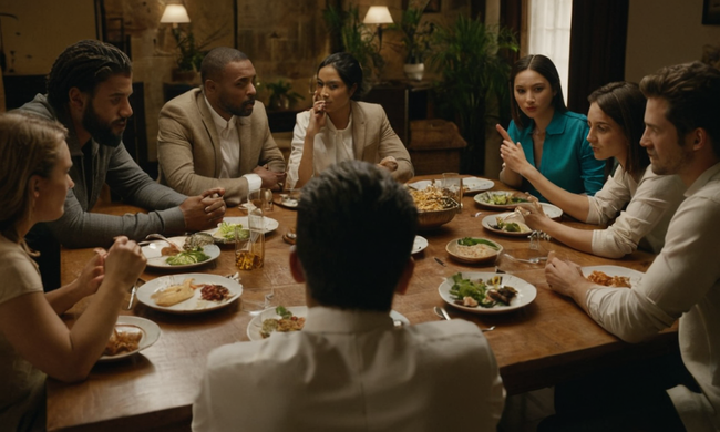 Un grupo diverso de personas se reunió alrededor de una mesa discutiendo diferencias culturales.