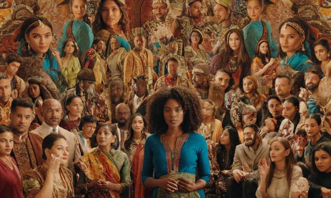 Un grupo diverso de personas en medio de iconos y símbolos culturales, representando la naturaleza multifacética del multiculturalismo.