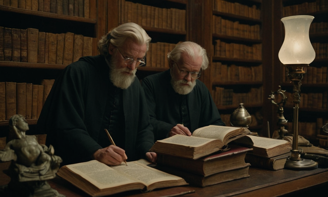 Filosofos rodeados de libros y manuscritos, con un sutil toque de instrumentos científicos en el fondo.