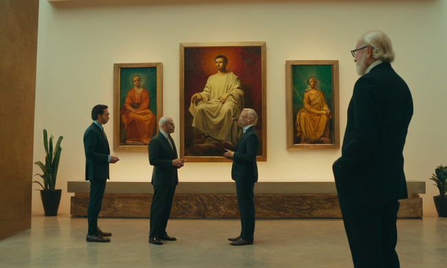 Philosophers examinando piezas de arte y conceptos en un espacio moderno y abstracto.