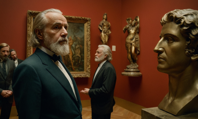 Filosofos rodeados de obras de arte, profundos en el pensamiento.