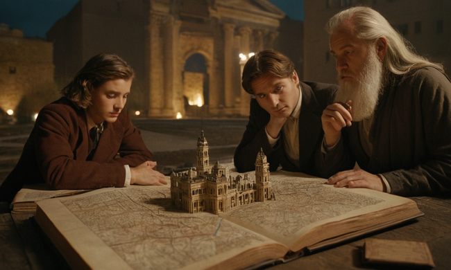 Filosofos explorando tomes antiguos y diagramas de pensamiento en medio del paisaje urbano moderno.