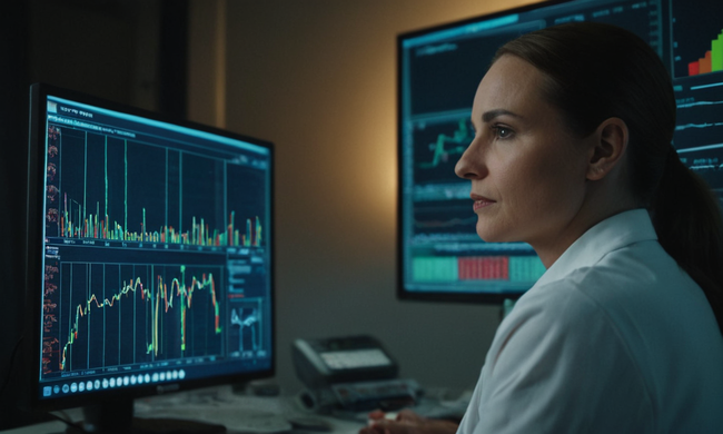 Un psicólogo clínico analizando datos de pacientes en una pantalla de computadora con gráficos estadísticos en el fondo.