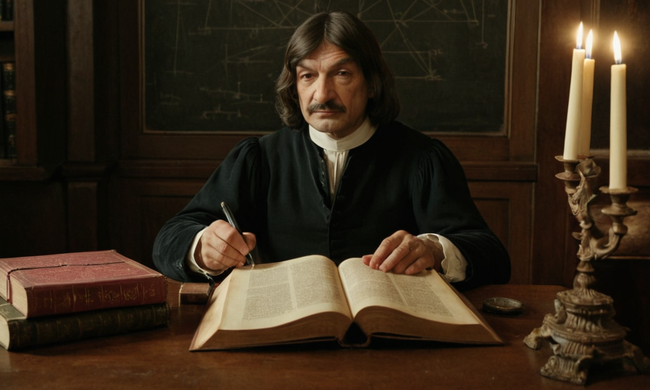 Imagen histórica de Rene Descartes o filósofo similar con libros de psicología y diagramas cerebrales.