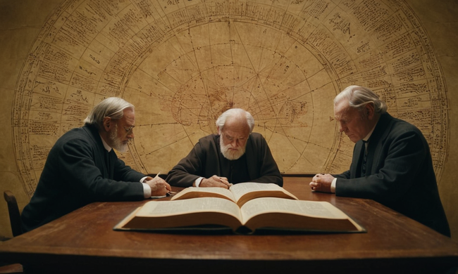 Filosofos analizando textos y figuras antiguos, rodeados de diagramas cerebrales y teorías psicológicas.
