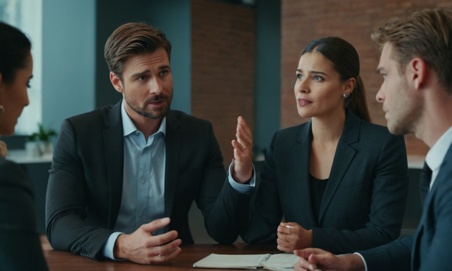Los empresarios que tienen conversaciones emocionales en un entorno de oficina de moda.