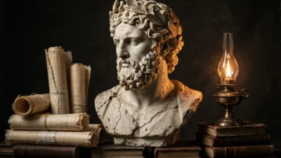 Busto de filósofo griego con pergaminos y lámpara