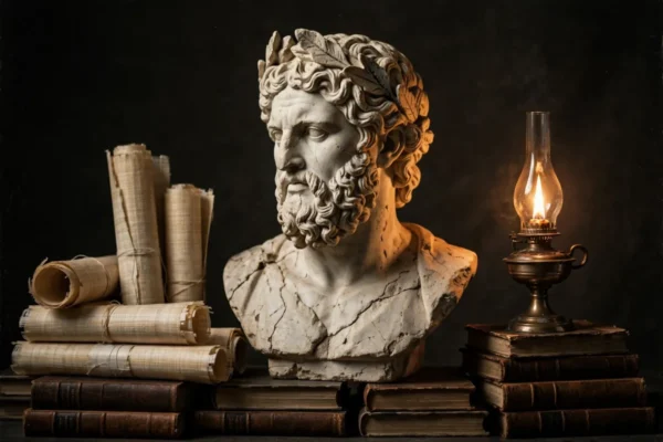 Busto de filósofo griego con pergaminos y lámpara