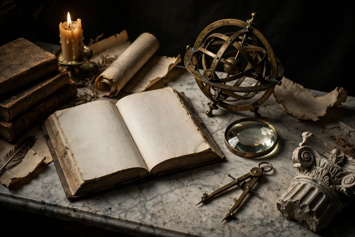 Naturaleza muerta racionalista con esfera armilar y libros