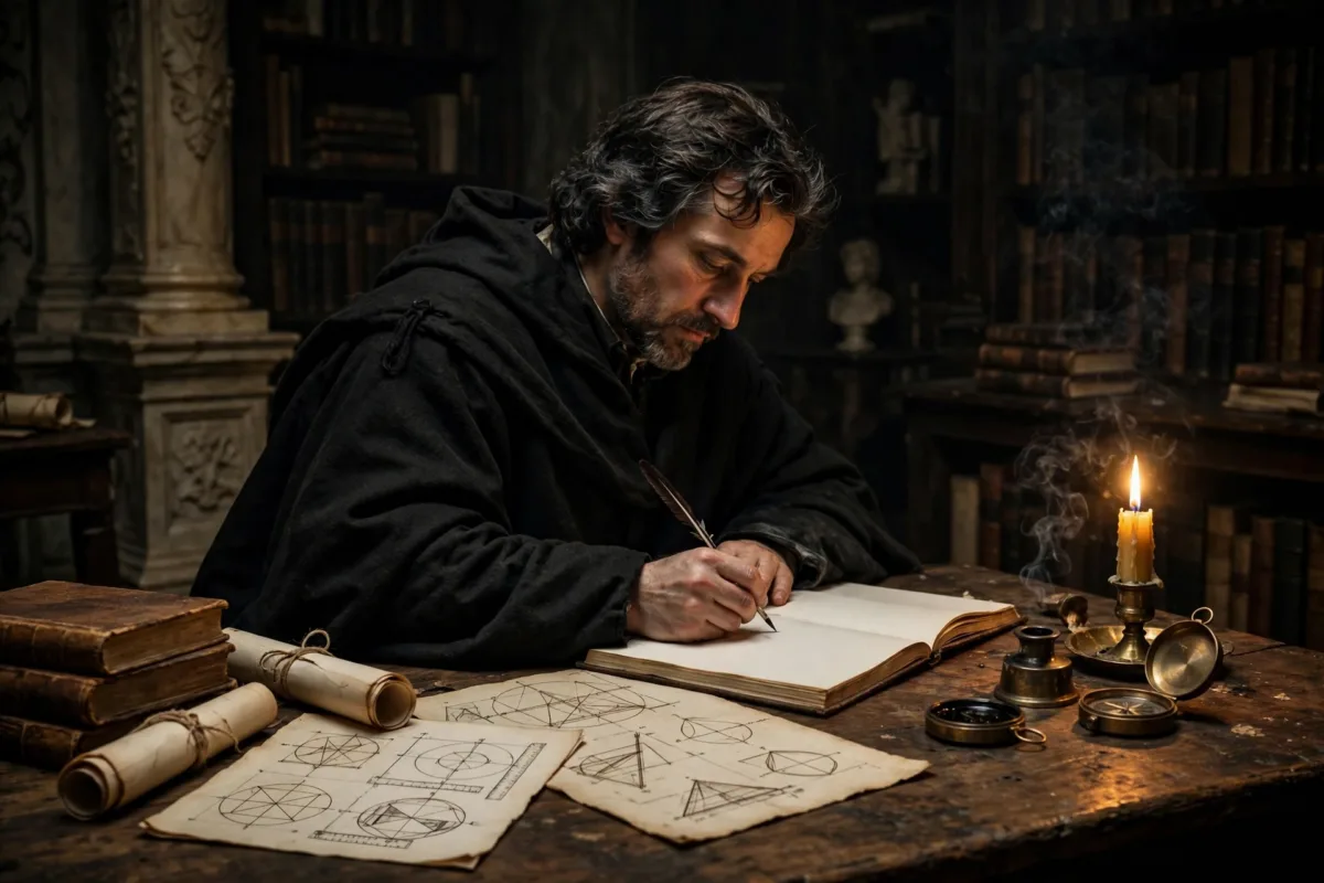 Pensador del siglo XVII escribiendo ante una vela