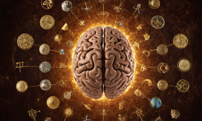 Un cerebro rodeado de símbolos que representan lógica, ciencia y pensamiento racional.