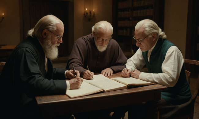 Filosofos escribiendo y discutiendo pruebas matemáticas en un estudio.