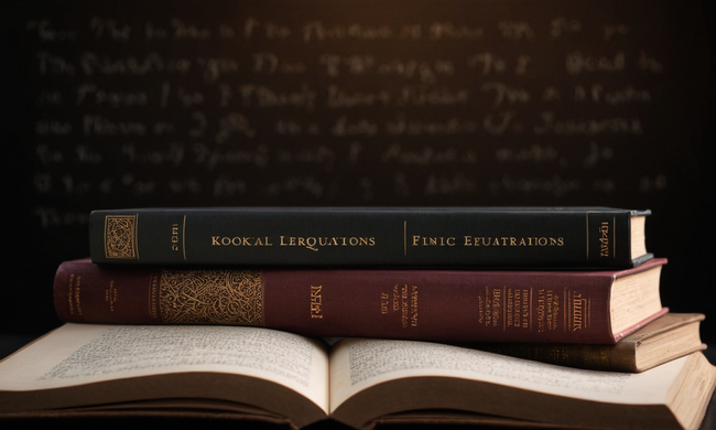 Texto filosófico superpuesto sobre fondo oscuro con ecuaciones lógicas y cubiertas de libros.