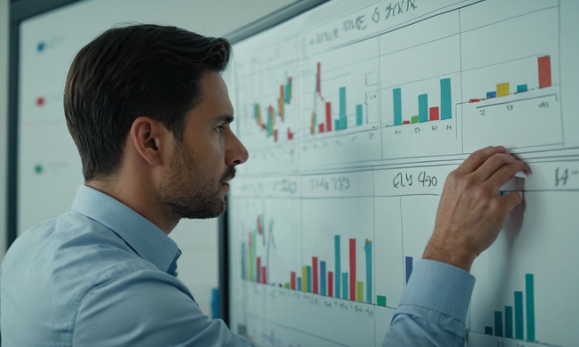 Hombre analizando datos en gráficos y gráficos frente a fórmulas de pizarra blanca.