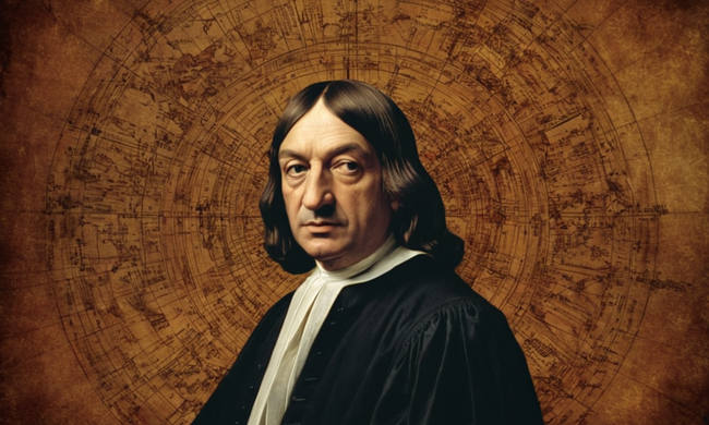 Mapa mental que ilustra filósofos como Descartes, Kant y otros rodeados de formas abstractas.