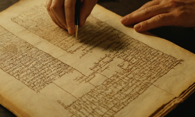 Filosofos que rodean símbolos o manuscritos alemanes, sugiriendo origen y estudio del idealismo alemán.