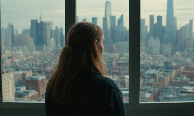 Artista mirando el paisaje urbano moderno a través de un marco de ventana con pinceladas en el fondo.