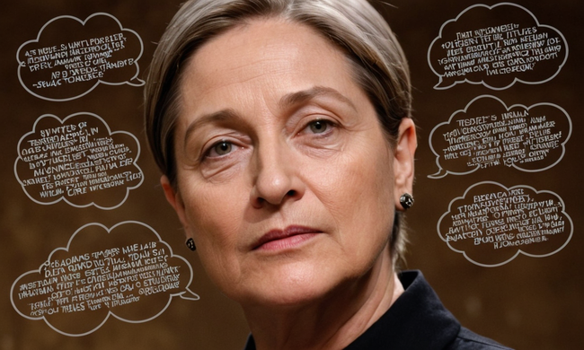 Retrato de Judith Butler con burbujas de pensamiento que rodean citas de su trabajo en dinámica de poder.