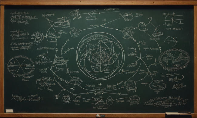 Una fusión abstracta de conceptos filosóficos y diagramas sociales científicos en un pizarrón.