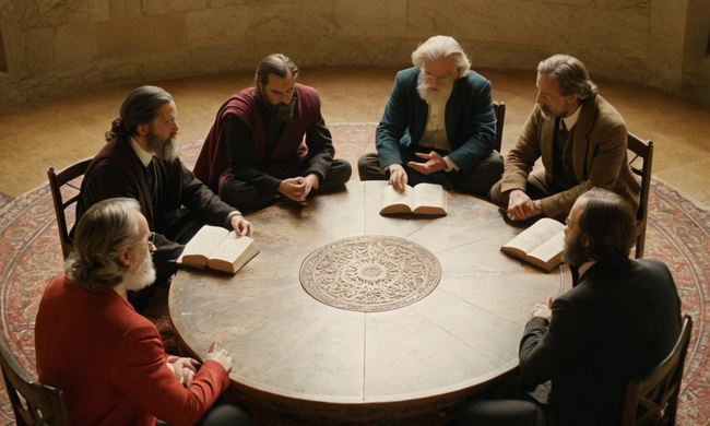 Filosofos sentados en un círculo discutiendo libros de filosofía e ideas.