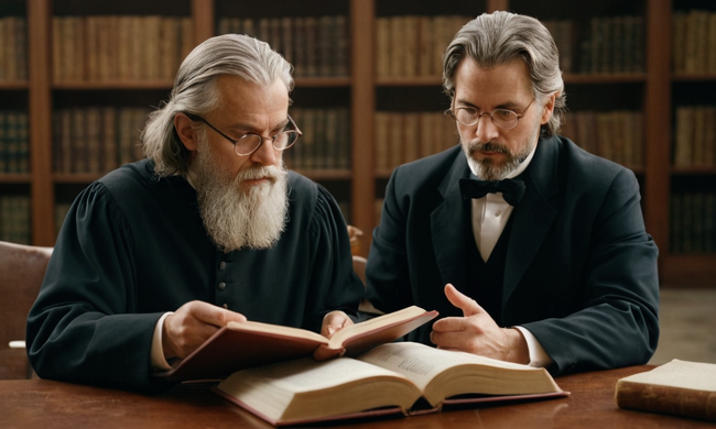 Filosofos leyendo libros o discutiendo ideas en un entorno académico con textos y diagramas.