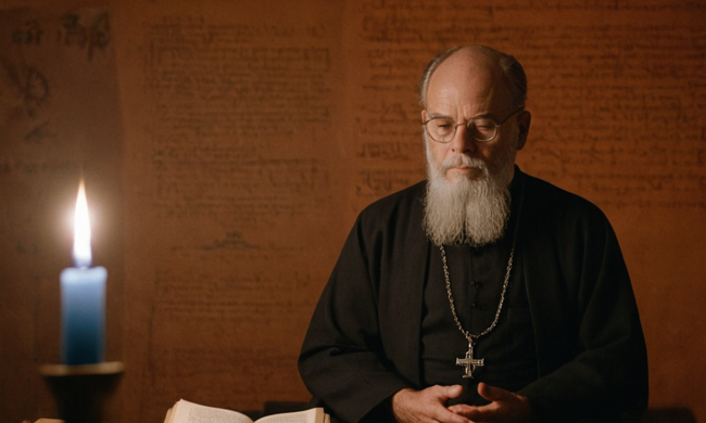 Edmund Husserl meditando entre textos filosóficos y símbolos simbólicos en el fondo.